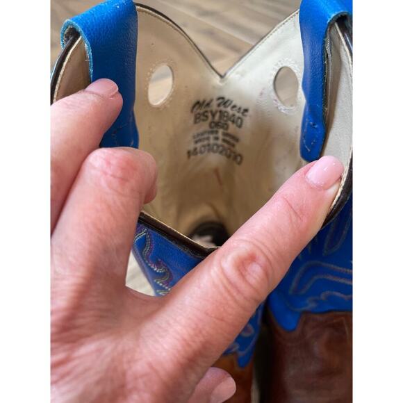 Old West BSY 1840 Cowboy Boots Brown Toe/Heel with Blue Shafts Size 6/7. - Picture 6 of 7